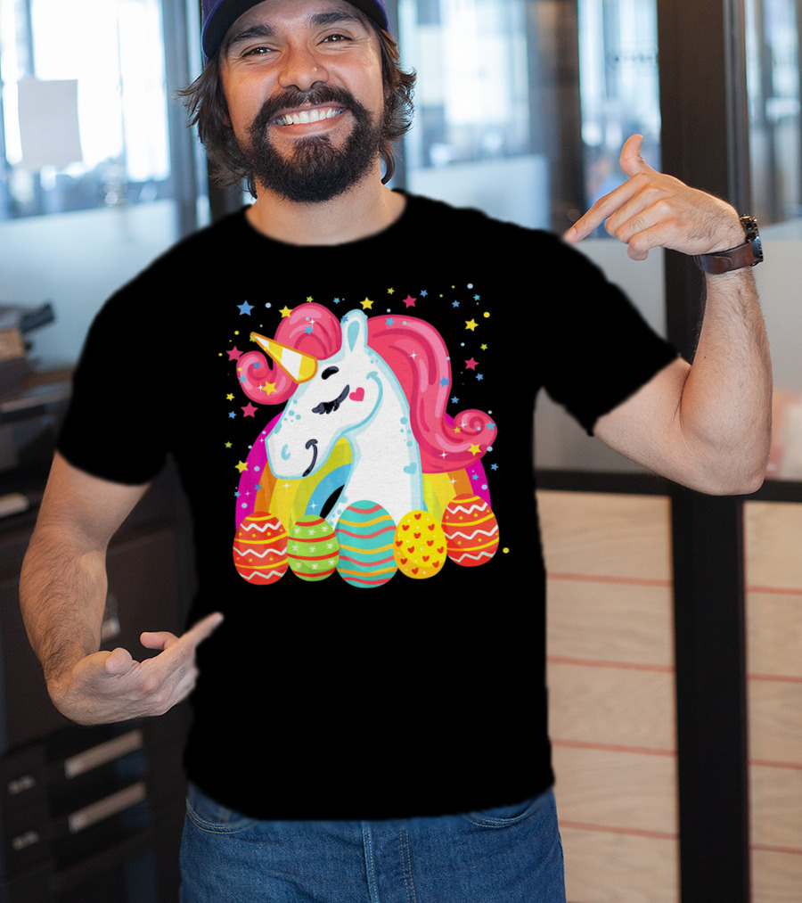 Unicorn With Rainbow Mane And Colorful Easter Eggs T-Shirt