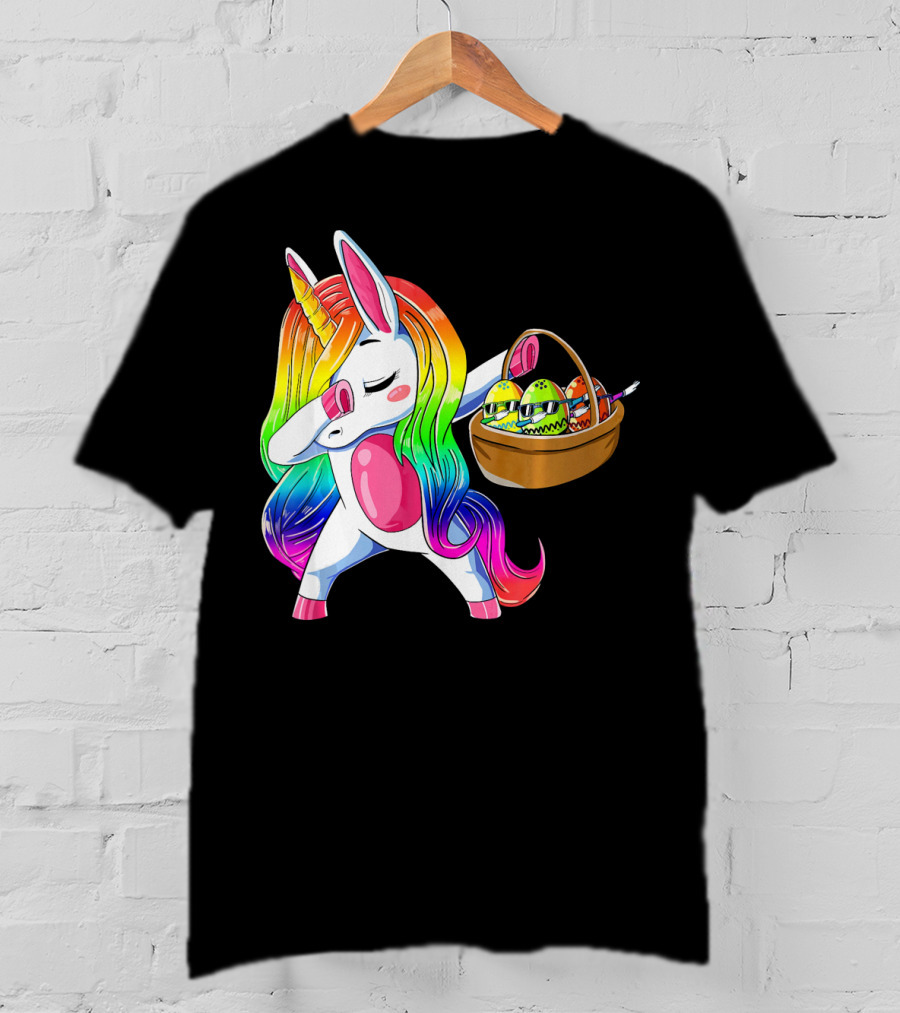 Girls Easter Unicorn Dabbing With Bunny Ear And Colorful Egg Basket T-Shirt