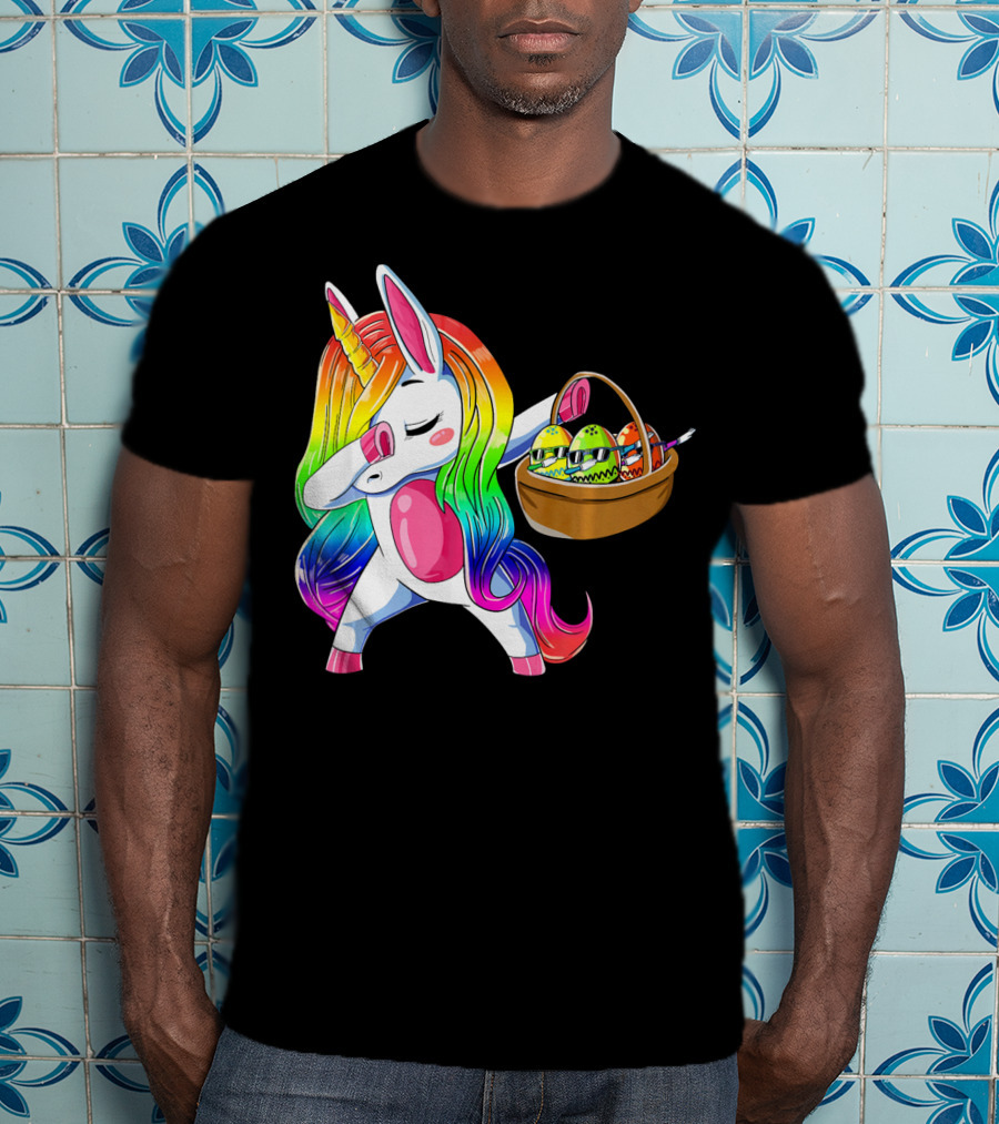 Girls Easter Unicorn Dabbing With Bunny Ear And Colorful Egg Basket T-Shirt