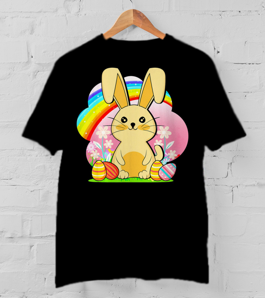 Easter Egg Bunny With Rainbow And Flowers T-Shirt