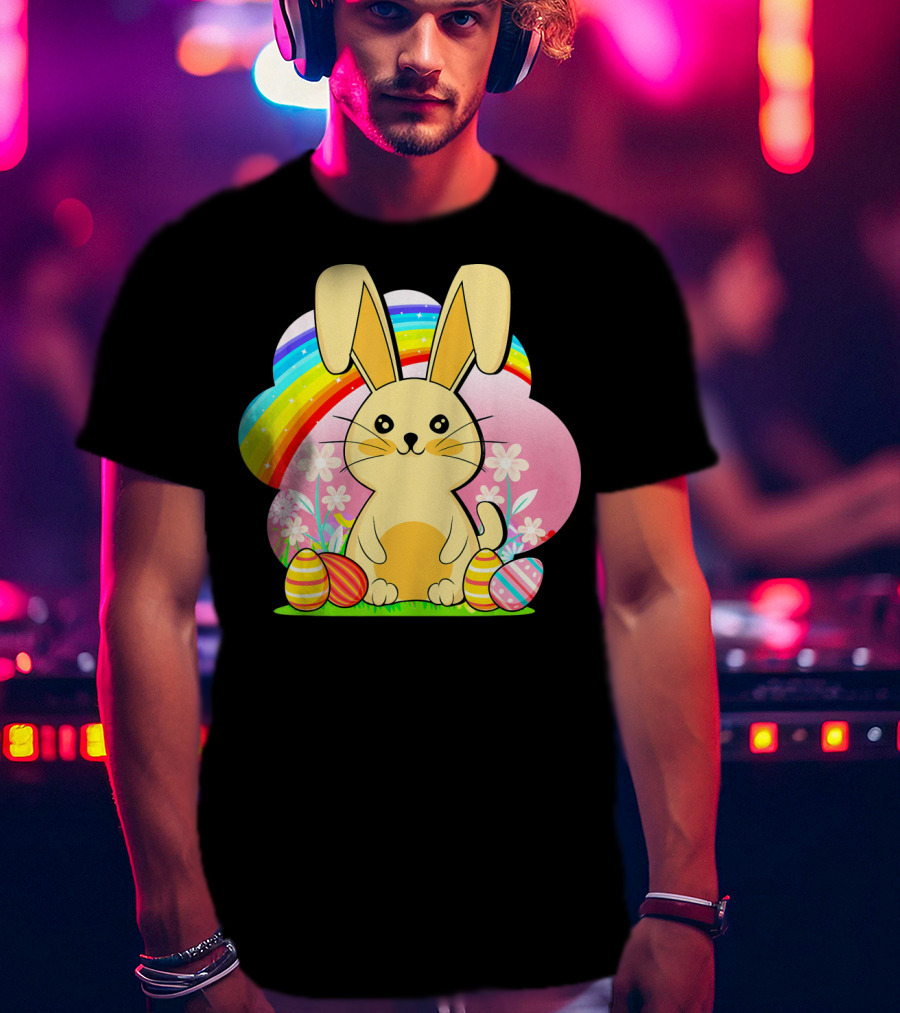 Easter Egg Bunny With Rainbow And Flowers T-Shirt