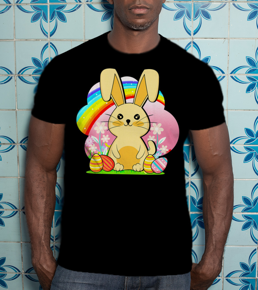 Easter Egg Bunny With Rainbow And Flowers T-Shirt