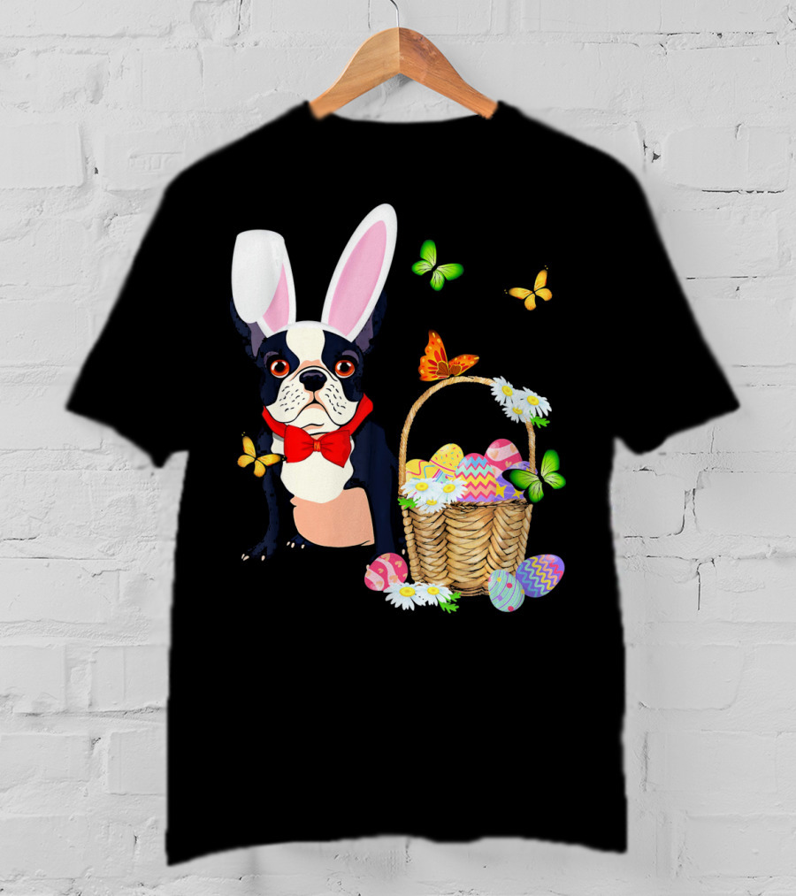 French Bulldog Bunny Hat Rabbit Easter Basket Eggs Butterflies T-Shirt