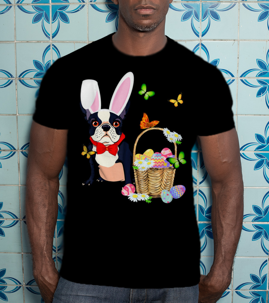 French Bulldog Bunny Hat Rabbit Easter Basket Eggs Butterflies T-Shirt