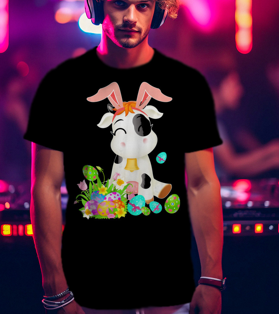 Happy Cow Easter Bunny With Colorful Eggs And Flowers T-Shirt