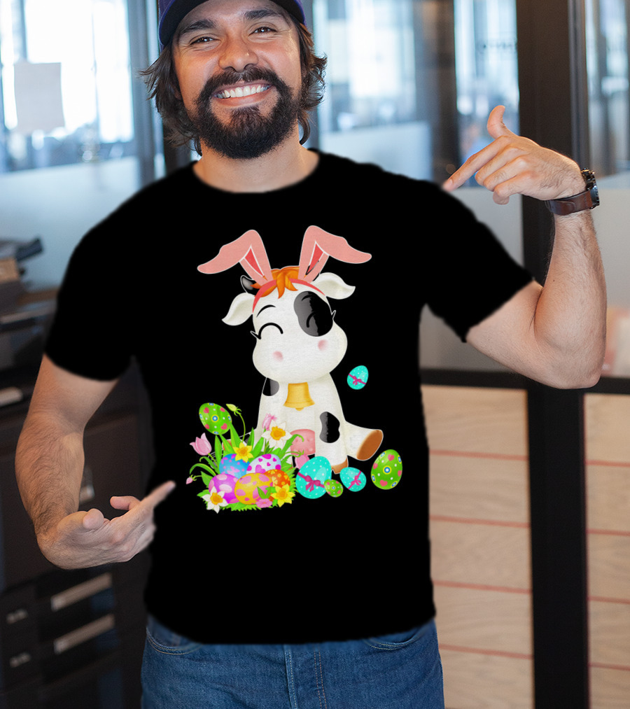 Happy Cow Easter Bunny With Colorful Eggs And Flowers T-Shirt
