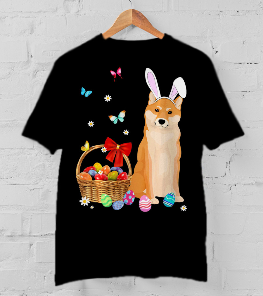 Shiba Inu Bunny Ear Rabbit Easter Eggs Basket Butterflies Flowers T-Shirt