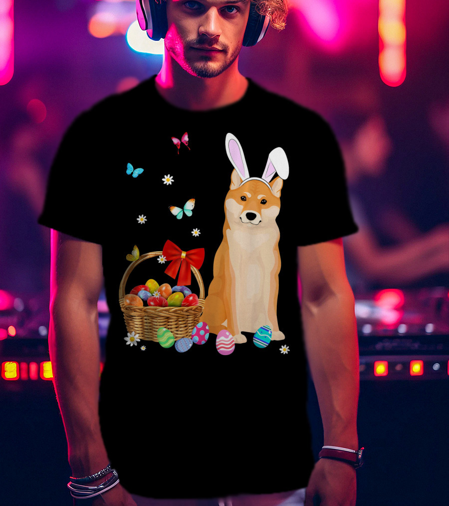 Shiba Inu Bunny Ear Rabbit Easter Eggs Basket Butterflies Flowers T-Shirt