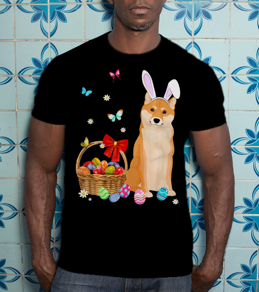 Shiba Inu Bunny Ear Rabbit Easter Eggs Basket Butterflies Flowers T-Shirt