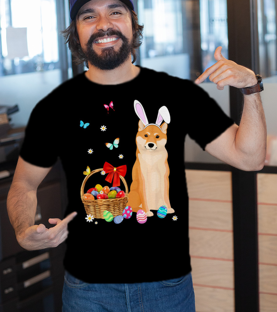 Shiba Inu Bunny Ear Rabbit Easter Eggs Basket Butterflies Flowers T-Shirt