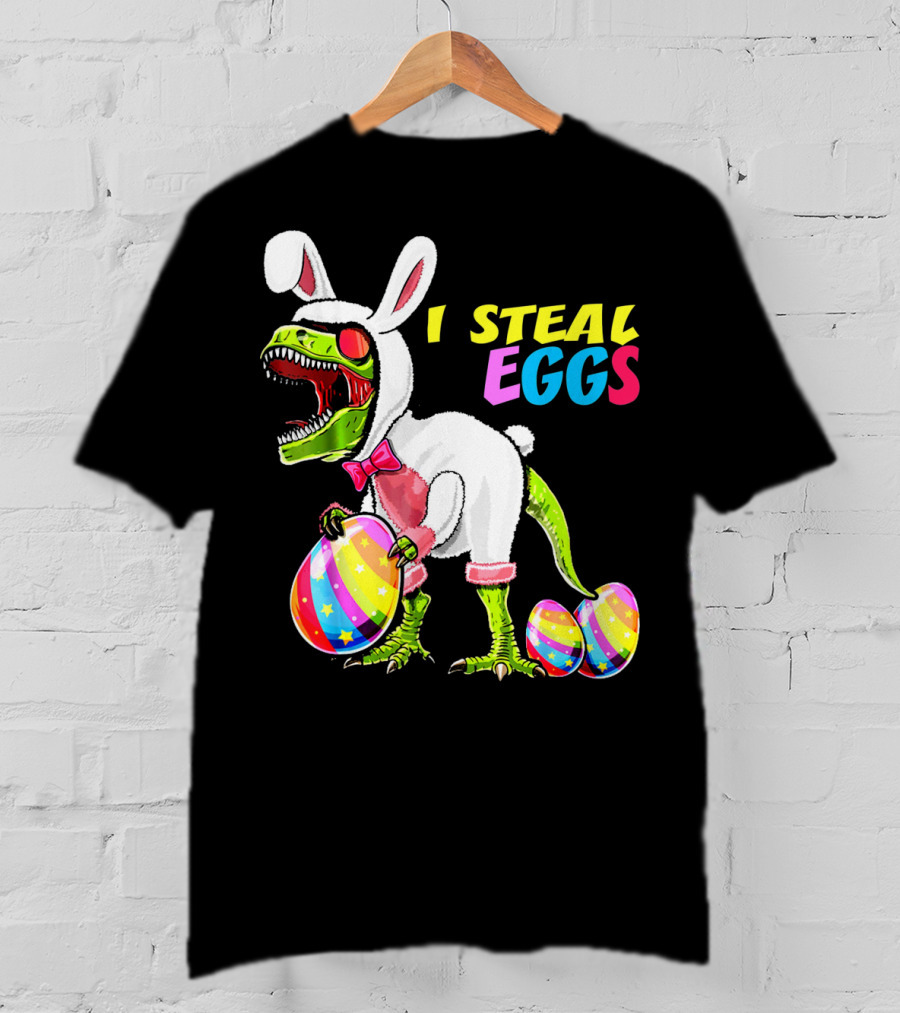 I Steal Easter Eggs Dinosaur Rex Bunny In Costume Holding Colorful Striped Eggs T-Shirt