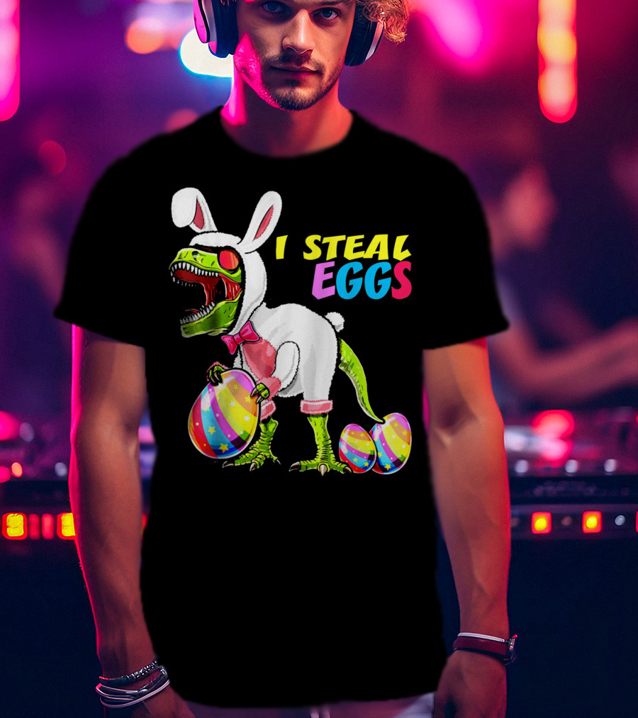 I Steal Easter Eggs Dinosaur Rex Bunny In Costume Holding Colorful Striped Eggs T-Shirt
