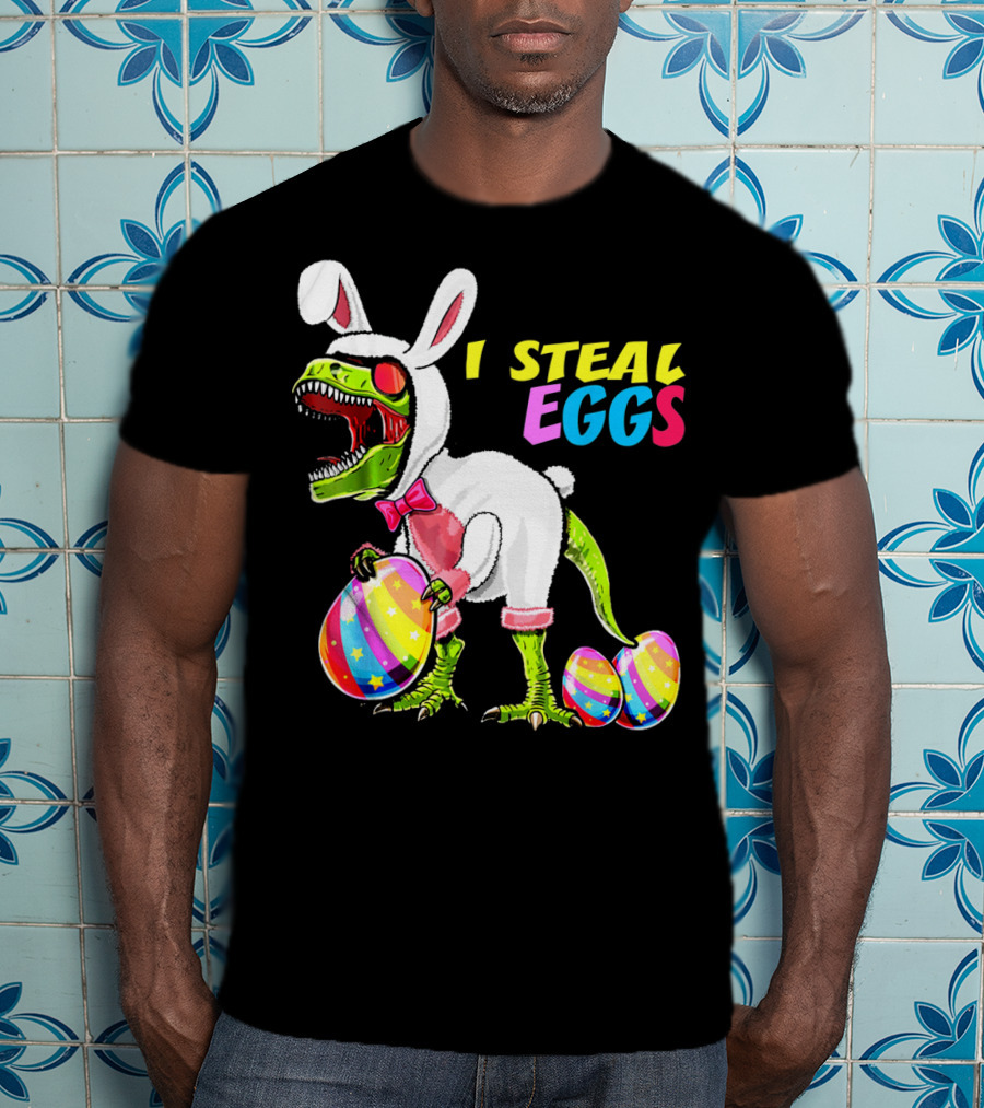 I Steal Easter Eggs Dinosaur Rex Bunny In Costume Holding Colorful Striped Eggs T-Shirt