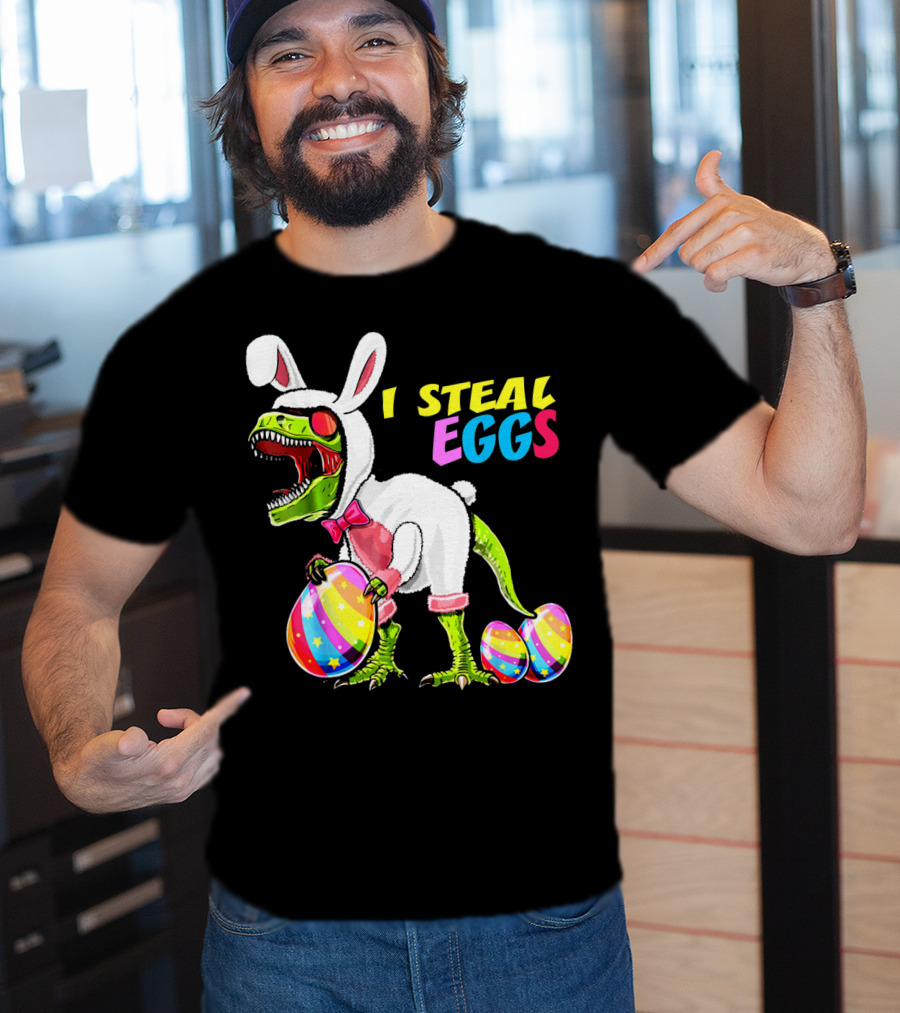 I Steal Easter Eggs Dinosaur Rex Bunny In Costume Holding Colorful Striped Eggs T-Shirt