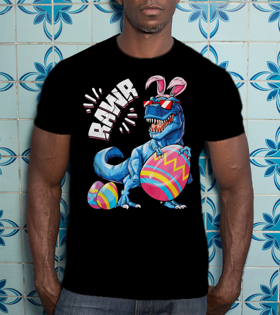 RAWR Easter Bunny Dinosaur T-Rex With Colorful Eggs T-Shirt