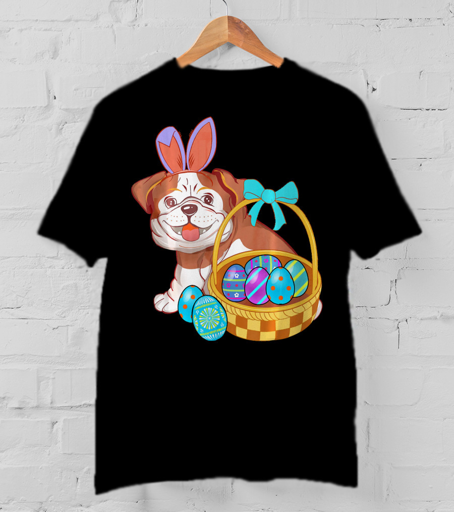Easter Bulldog Holiday Bunny Ears With Easter Egg Basket T-Shirt