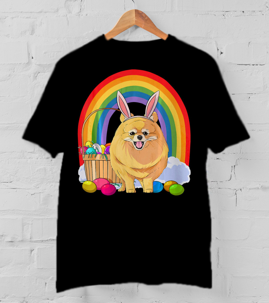 Easter Eggs Pomeranian Bunny Dog Rainbow Basket T-Shirt