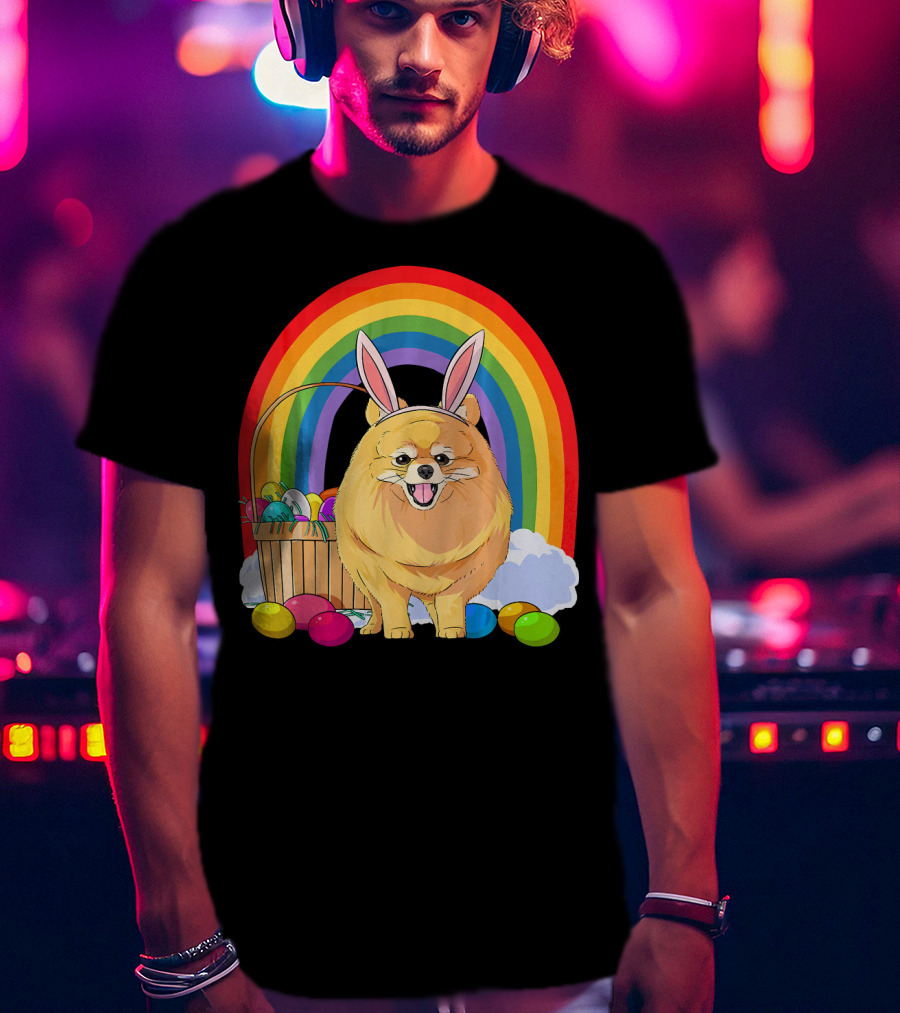 Easter Eggs Pomeranian Bunny Dog Rainbow Basket T-Shirt