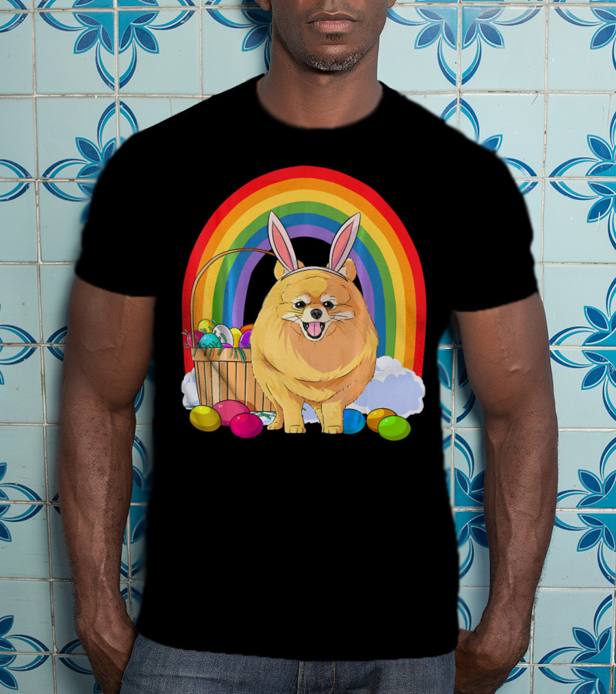 Easter Eggs Pomeranian Bunny Dog Rainbow Basket T-Shirt