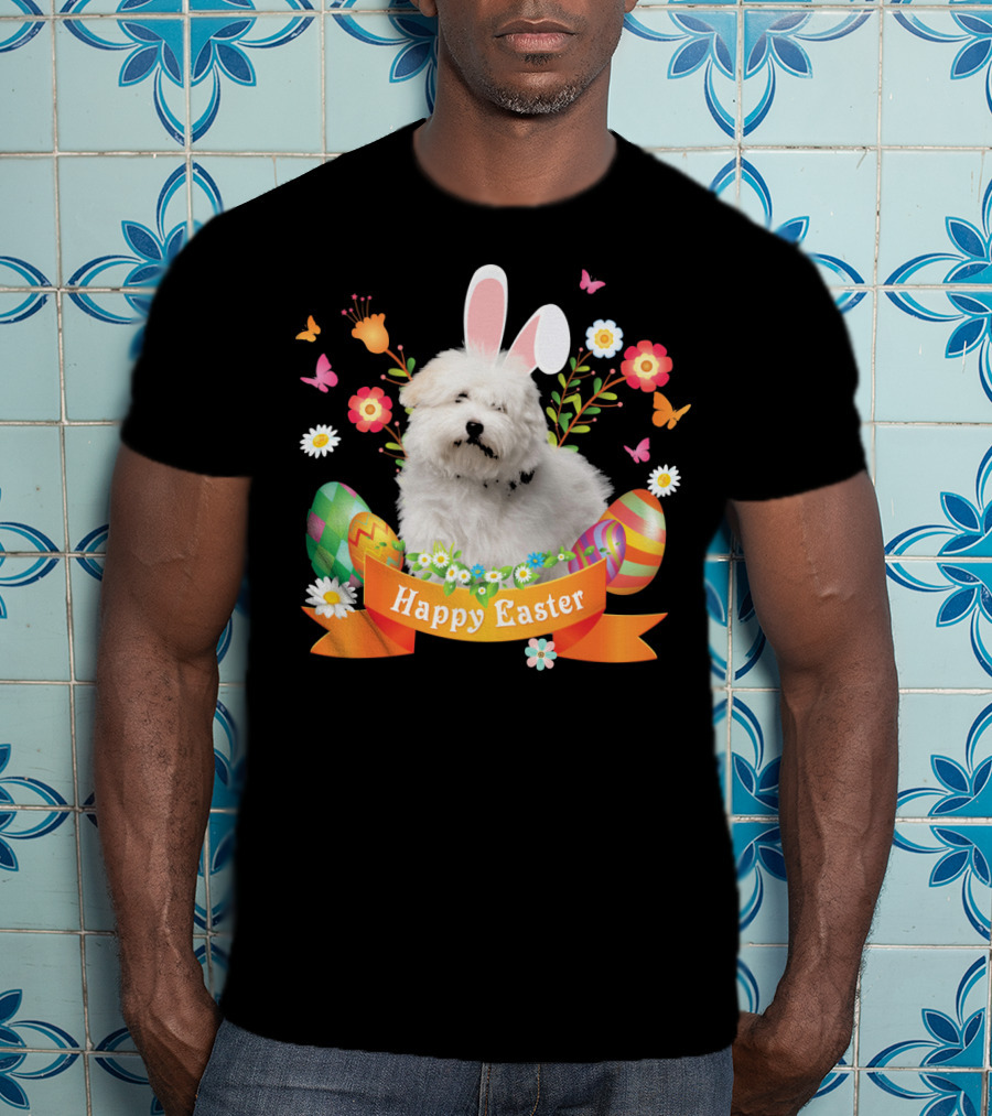 Happy Easter Bunny Coton De Tulear Dog With Eggs And Flowers T-Shirt