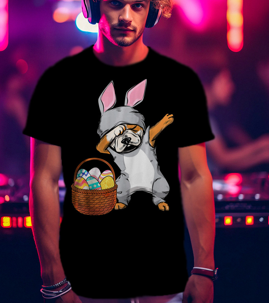 Dabbing Easter Bunny English Bulldog With Basket Of Eggs T-Shirt
