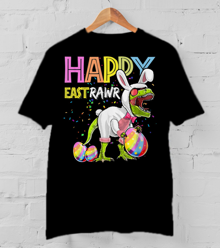 Happy Eastrawr Dinosaur Bunny With Eggs And Confetti T-Shirt