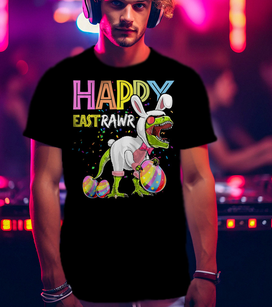 Happy Eastrawr Dinosaur Bunny With Eggs And Confetti T-Shirt