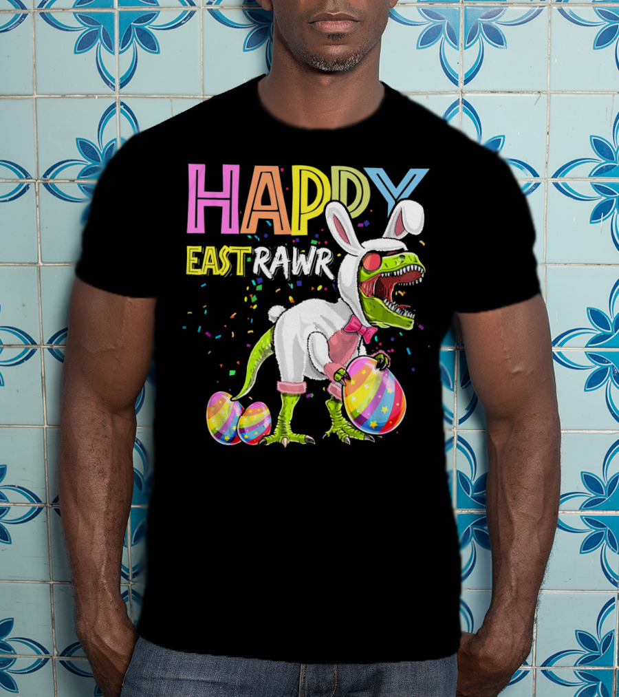 Happy Eastrawr Dinosaur Bunny With Eggs And Confetti T-Shirt