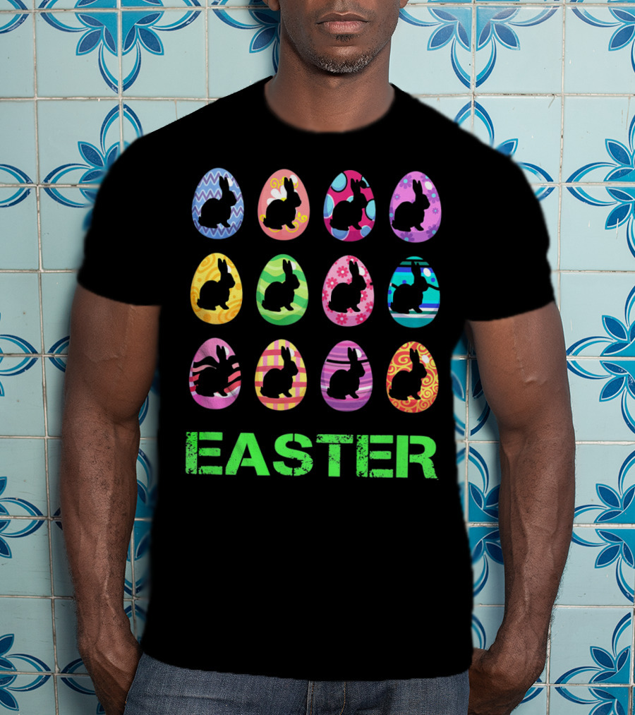 Easter Bunny Rabbit Egg Silhouettes With Colorful T-Shirt