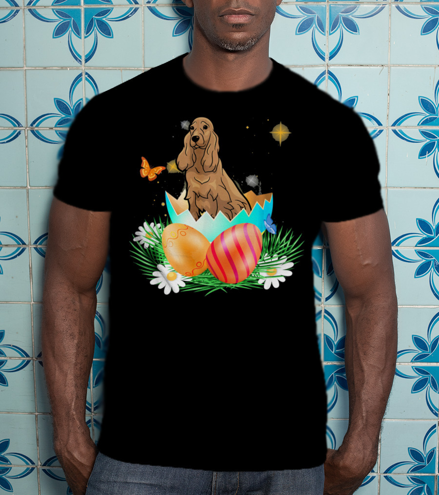 Easter Day Cocker Spaniel In Egg With Butterflies And Daisies T-Shirt