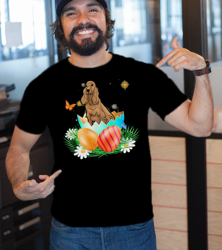 Easter Day Cocker Spaniel In Egg With Butterflies And Daisies T-Shirt