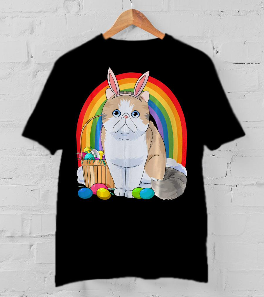Exotic Shorthair Cat Bunny With Easter Eggs In Front Of Rainbow T-Shirt