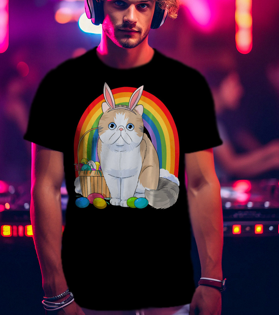 Exotic Shorthair Cat Bunny With Easter Eggs In Front Of Rainbow T-Shirt