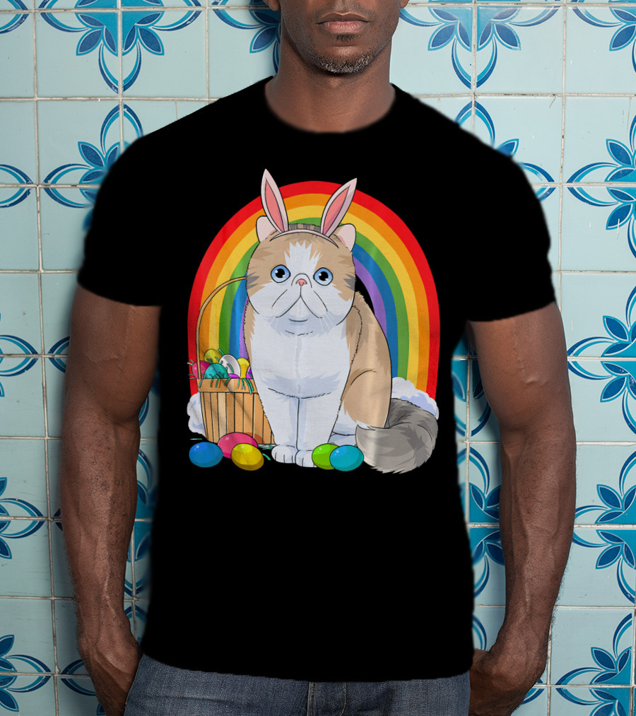 Exotic Shorthair Cat Bunny With Easter Eggs In Front Of Rainbow T-Shirt