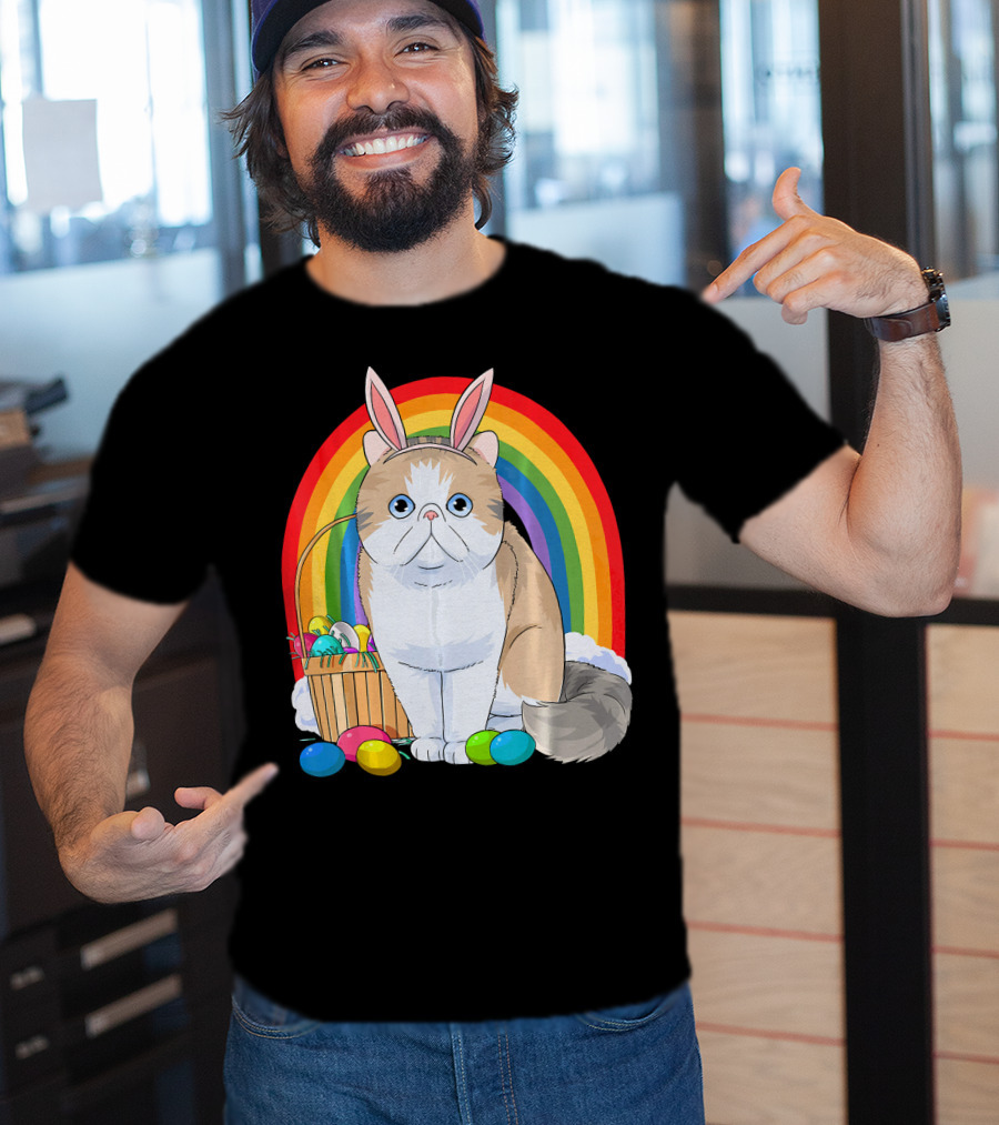 Exotic Shorthair Cat Bunny With Easter Eggs In Front Of Rainbow T-Shirt