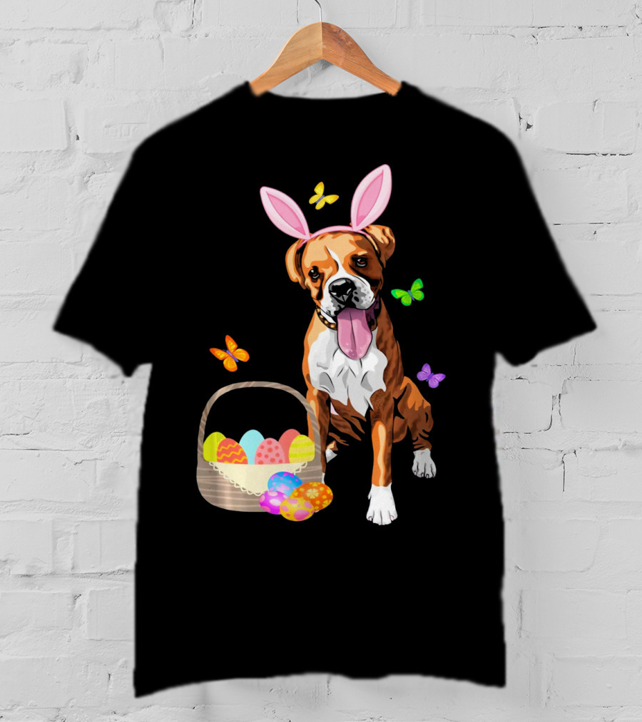 Girls Happy Easter Bunny Boxer Dog With Easter Eggs And Butterflies T-Shirt