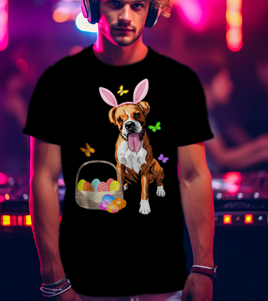 Girls Happy Easter Bunny Boxer Dog With Easter Eggs And Butterflies T-Shirt