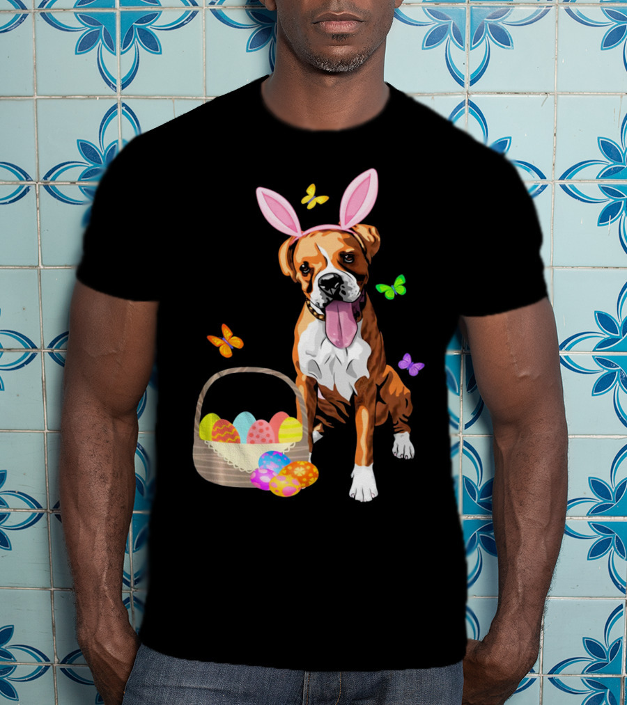 Girls Happy Easter Bunny Boxer Dog With Easter Eggs And Butterflies T-Shirt