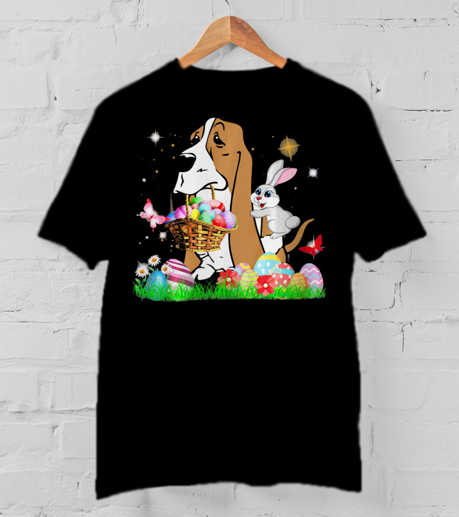 Basset Hound With Easter Eggs Basket And Bunny Surrounded By Colorful Eggs And Flowers T-Shirt