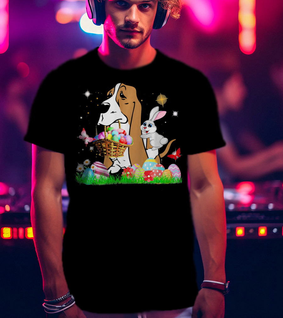 Basset Hound With Easter Eggs Basket And Bunny Surrounded By Colorful Eggs And Flowers T-Shirt