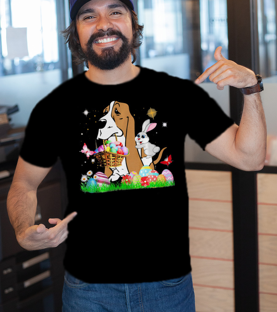 Basset Hound With Easter Eggs Basket And Bunny Surrounded By Colorful Eggs And Flowers T-Shirt