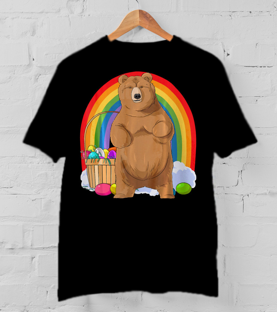 Bear With Easter Egg Basket And Rainbow Background T-Shirt