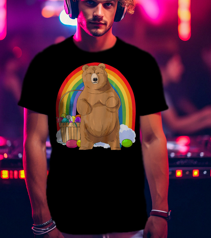 Bear With Easter Egg Basket And Rainbow Background T-Shirt