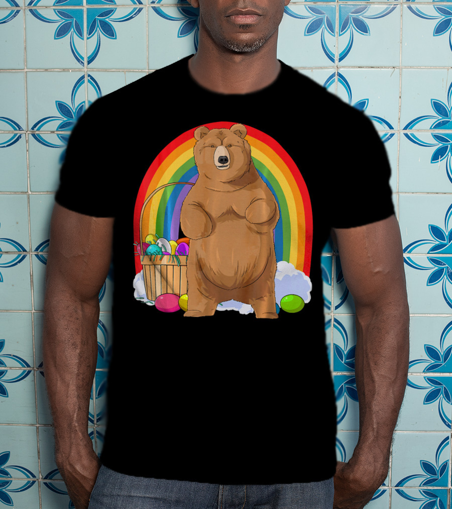 Bear With Easter Egg Basket And Rainbow Background T-Shirt