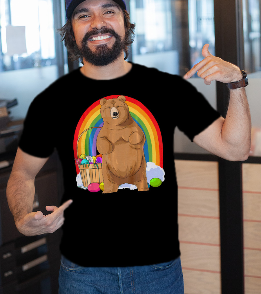 Bear With Easter Egg Basket And Rainbow Background T-Shirt