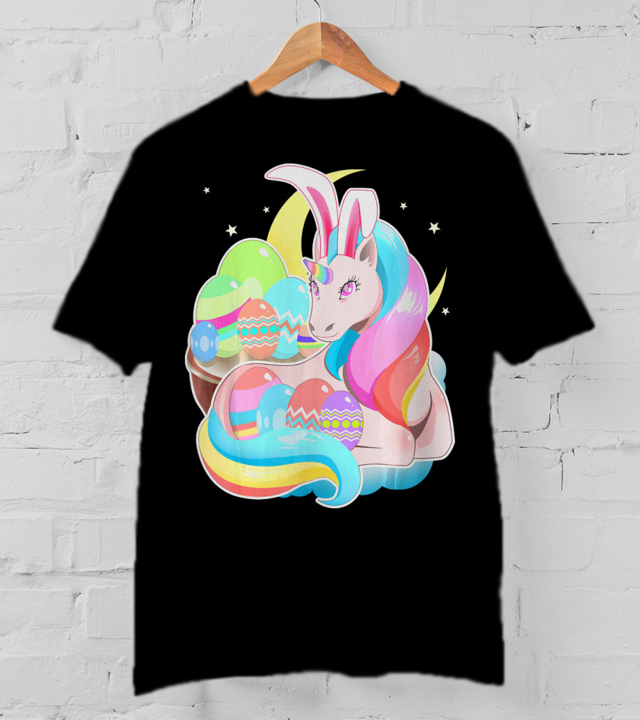 Unicorn Easter Bunny Ears Holiday Pastel Eggs And Moon Stars T-Shirt