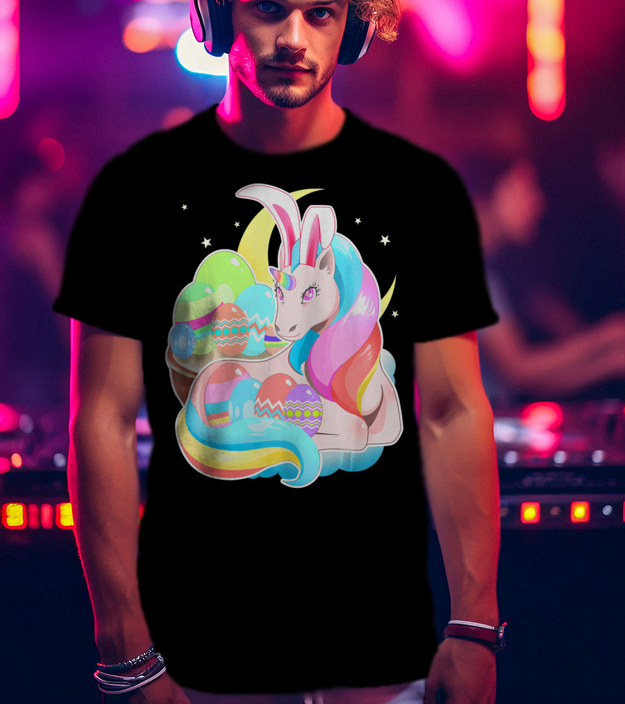 Unicorn Easter Bunny Ears Holiday Pastel Eggs And Moon Stars T-Shirt
