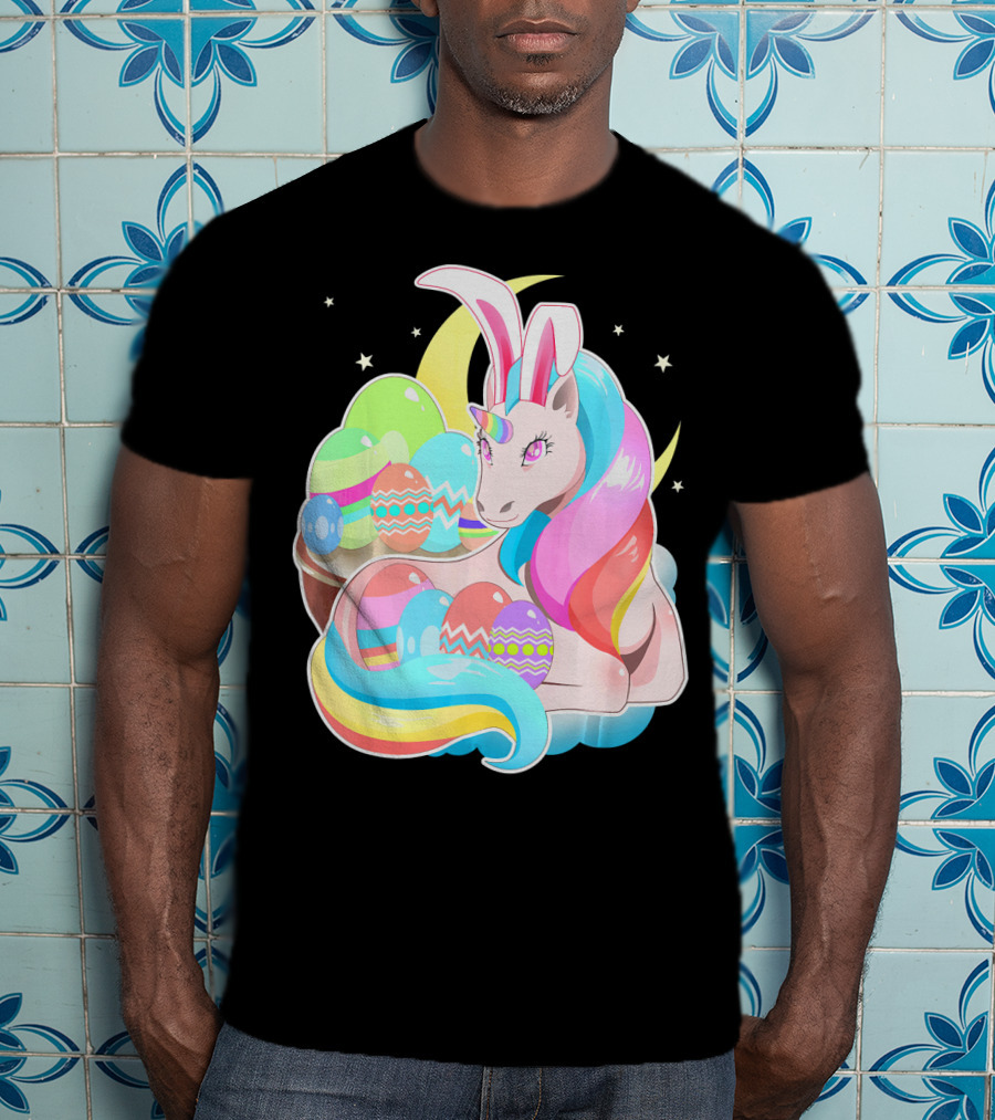 Unicorn Easter Bunny Ears Holiday Pastel Eggs And Moon Stars T-Shirt
