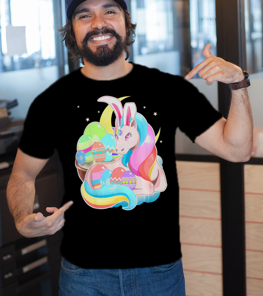 Unicorn Easter Bunny Ears Holiday Pastel Eggs And Moon Stars T-Shirt