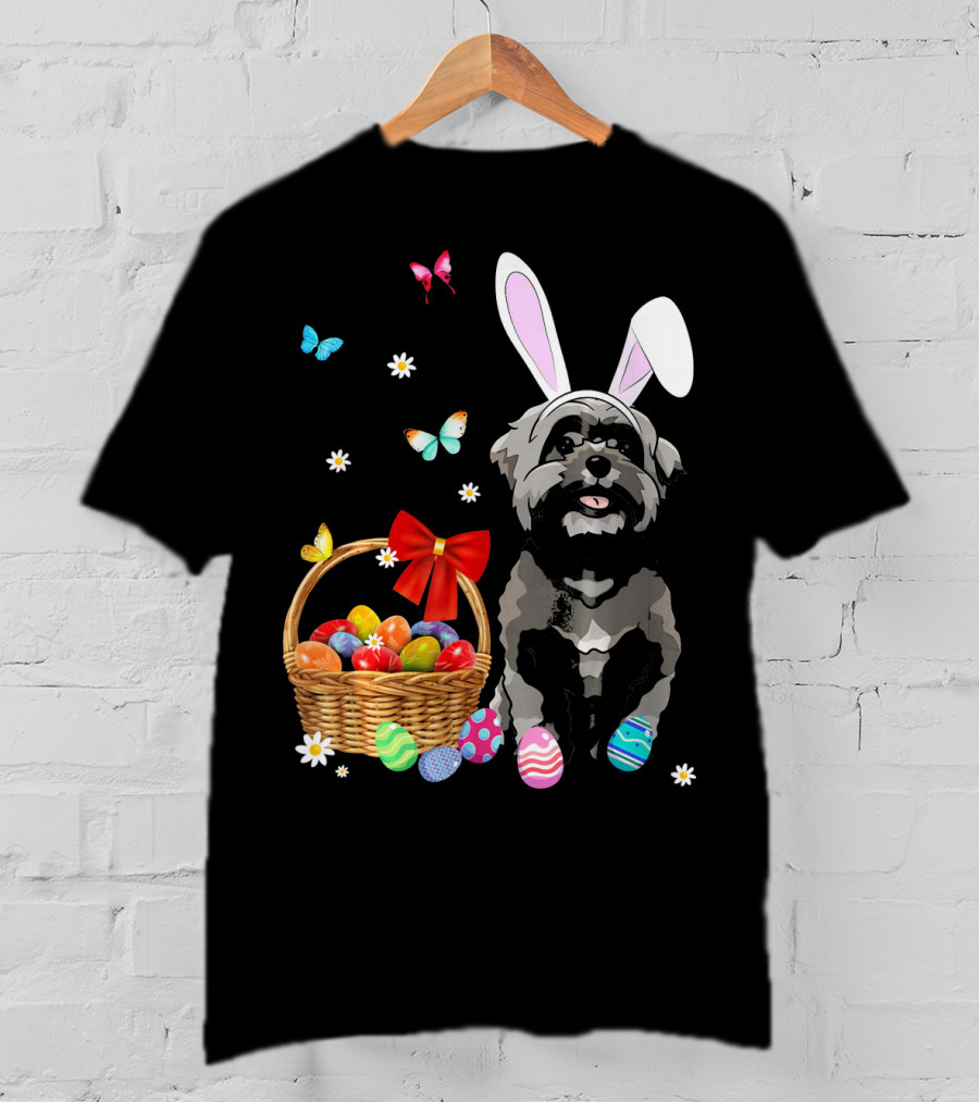 Shih Tzu With Bunny Ears And Easter Egg Basket With Butterflies And Flowers T-Shirt
